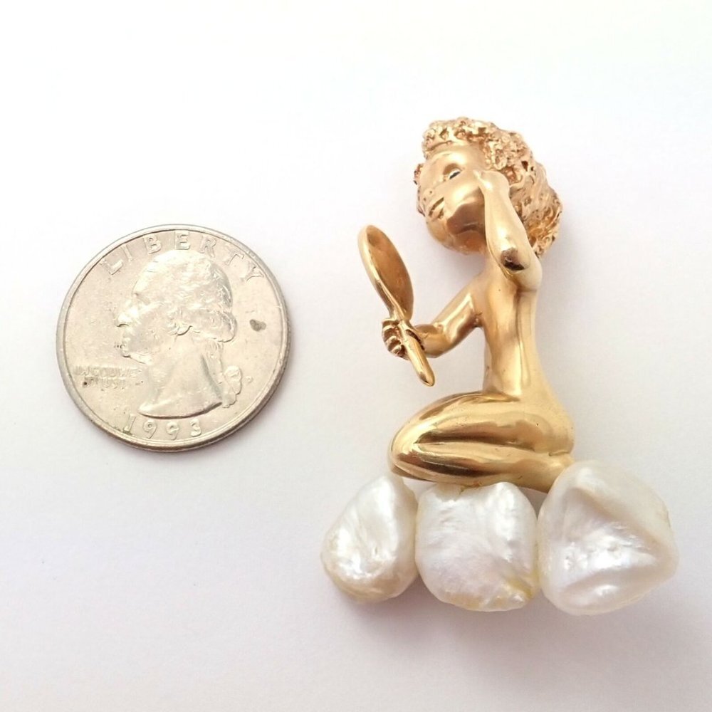 Rare Large Ruser 14k Yellow Gold Sapphire Pearl Mondays Child Pin Brooch - Picture 2 of 11